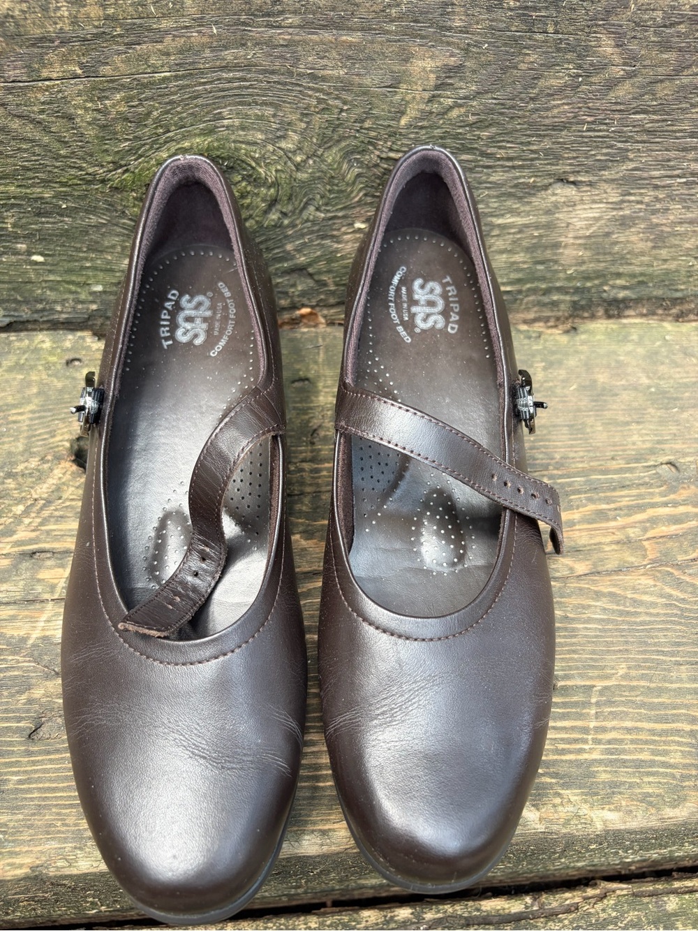 SAS Maria Dark Brown Leather Mary Jane Flats with Strap